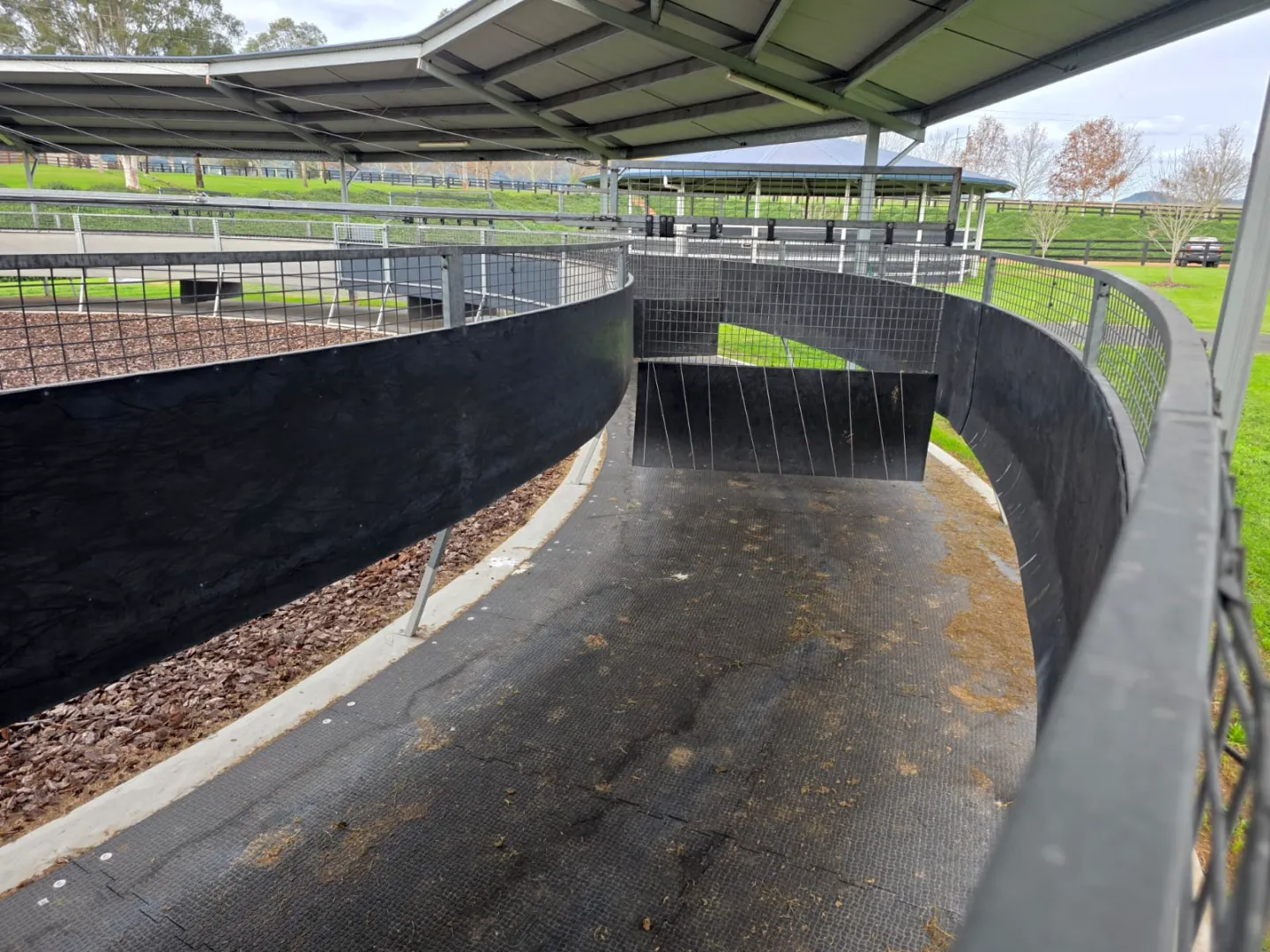 Custom-cut Kura matting for the horse walker at Cressfield Stud